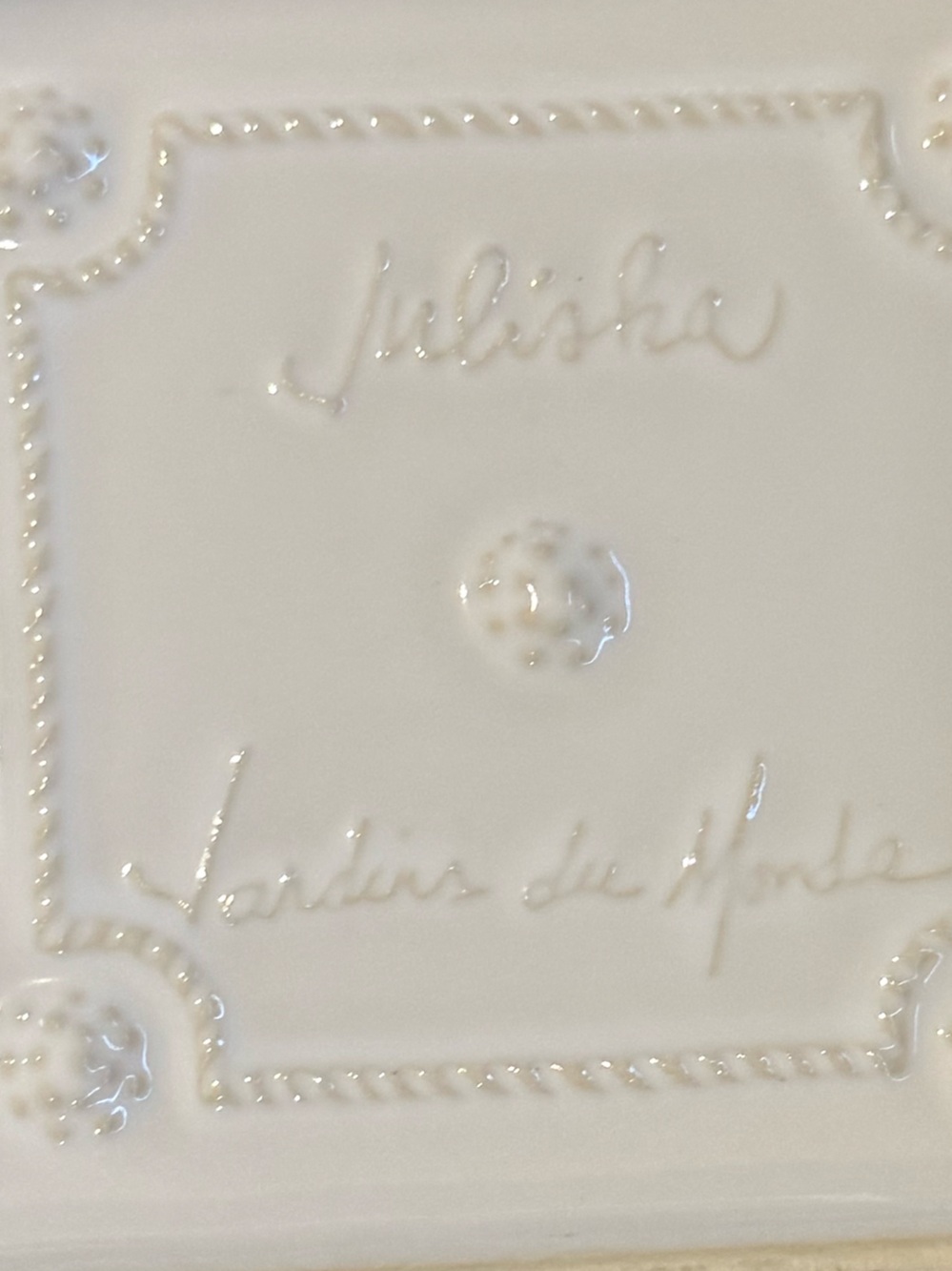 Juliska Cream Ceramic Square Dish with Embossed Floral Rope Motif - Picture 3 of 5